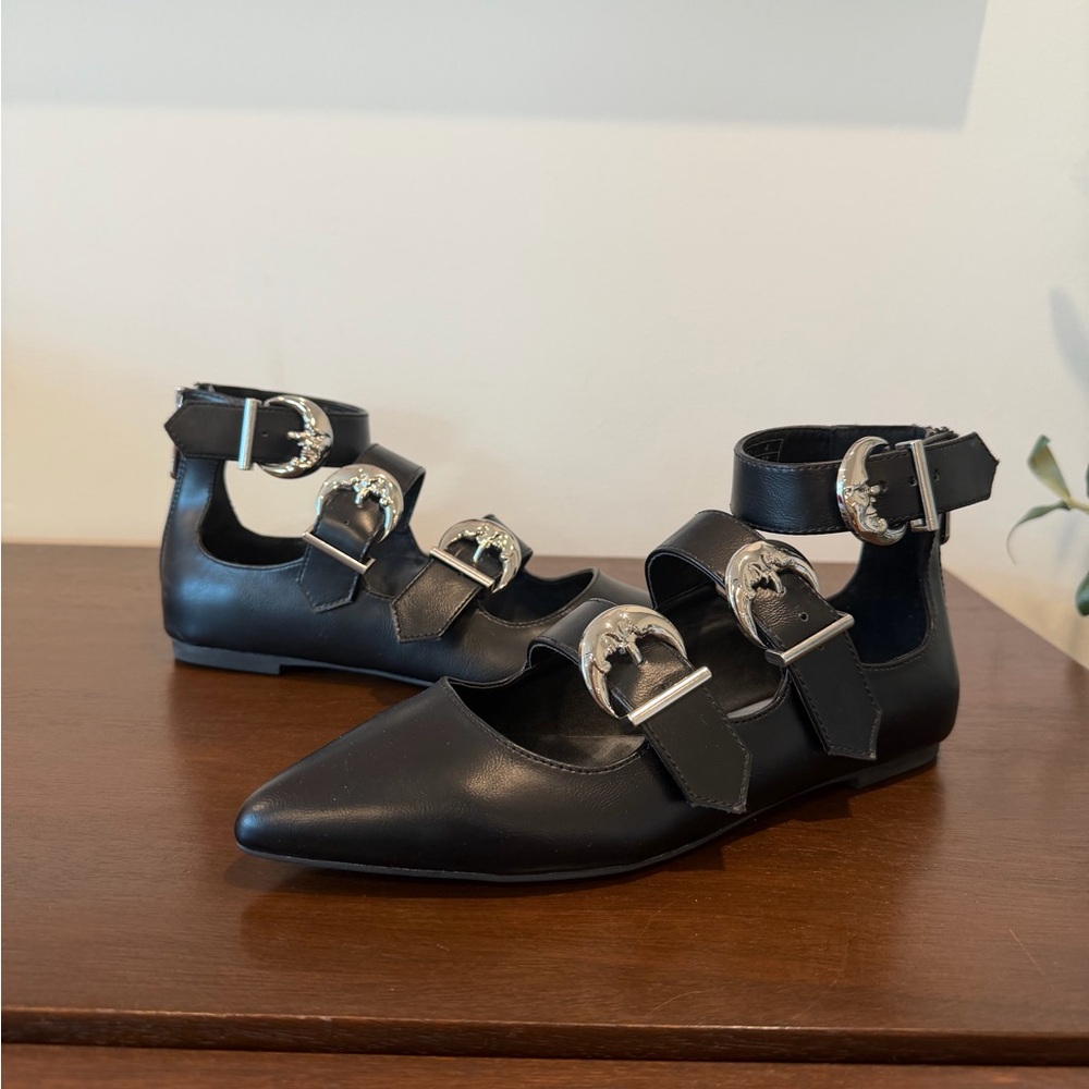 Killstar Black Pointed Ankle-Strap Flats with Silver Buckles
